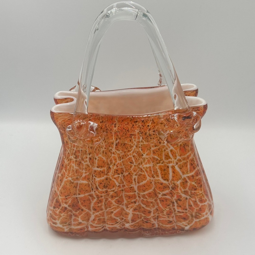 VTG Art Glass Purse Vase Orange White Giraffe Pattern Hand Blown Handbag Decor